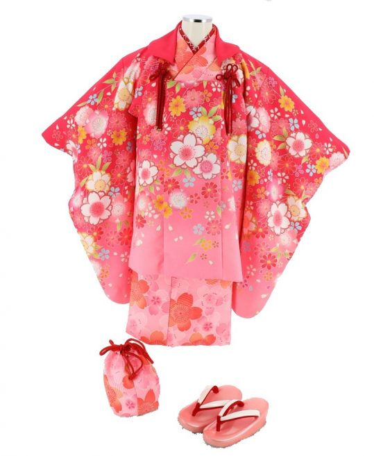 七五三 3歳女の子用被布[ガーリー](被布)ピンクぼかしに桜(着物)ピンクに赤の桜No.63H